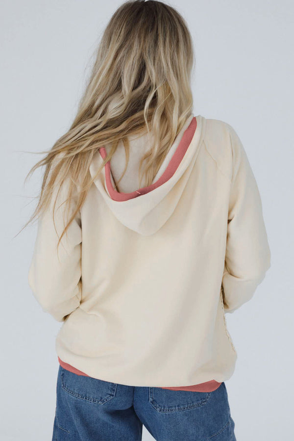 White Contrast Trim Crochet Knit Patchwork Exposed Seam Hoodie