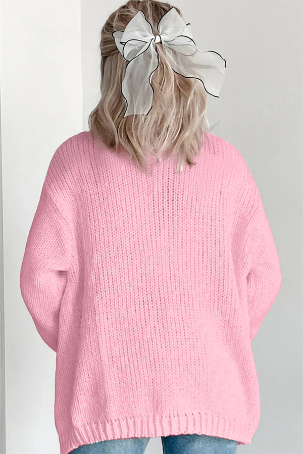 Light Pink Christmas Tree Print Open Front Drop Shoulder Knit Cardigan