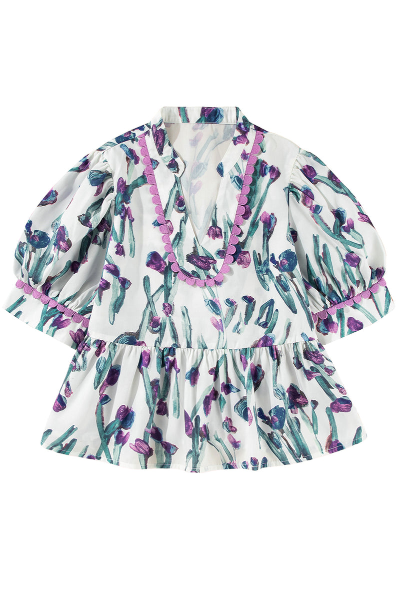 Purple Floral Ricrac Trim Puff Sleeve Peplum Blouse