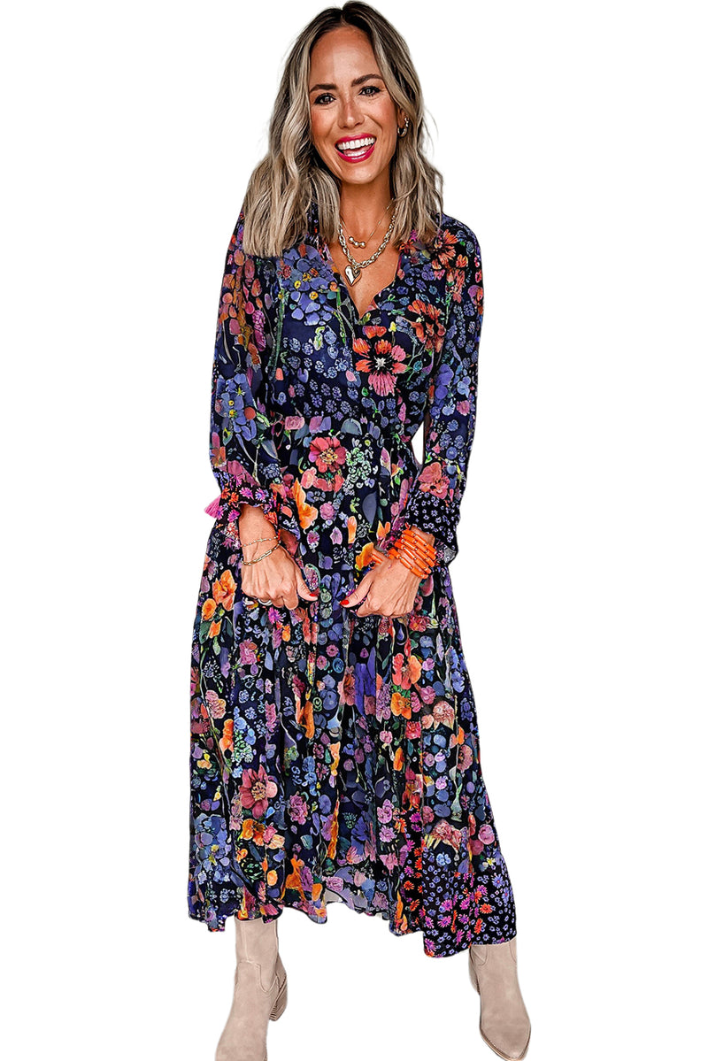 Blue Floral Print Tassel Tie V Neck Long Sleeve Flowy Maxi Dress