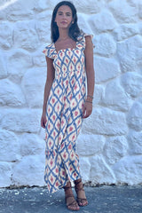 Sky Blue Ethnic Geometric Print Square Neck Smocked High Waist Ruffle Sleeve Dress