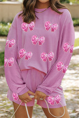 Phalaenopsis Corded Rib Sequin Bow Patched Long Sleeve Top and Shorts 2pcs Set