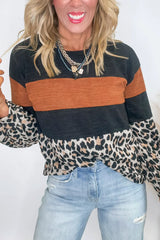 Black Leopard Colorblock Round Neck Top