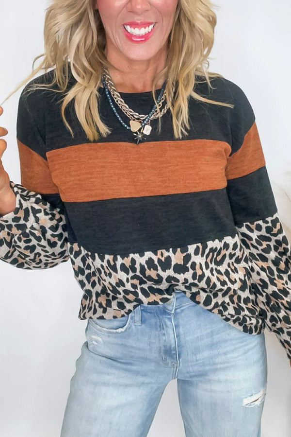 Black Leopard Colorblock Round Neck Top