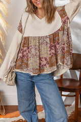Beige Paisley Ethnic Print Waffle Patchwork Long Sleeve Loose Top