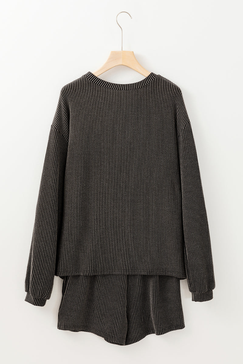 Carbon Grey Twisted Ribbed  Thankful Letter Sequins Patch Bow Sleeve Top and Shorts Set
