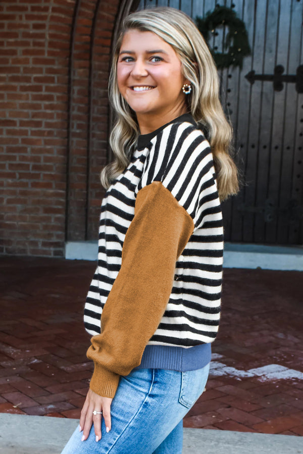 Khaki Striped Colorblock Patchwork Long Sleeve Sweater