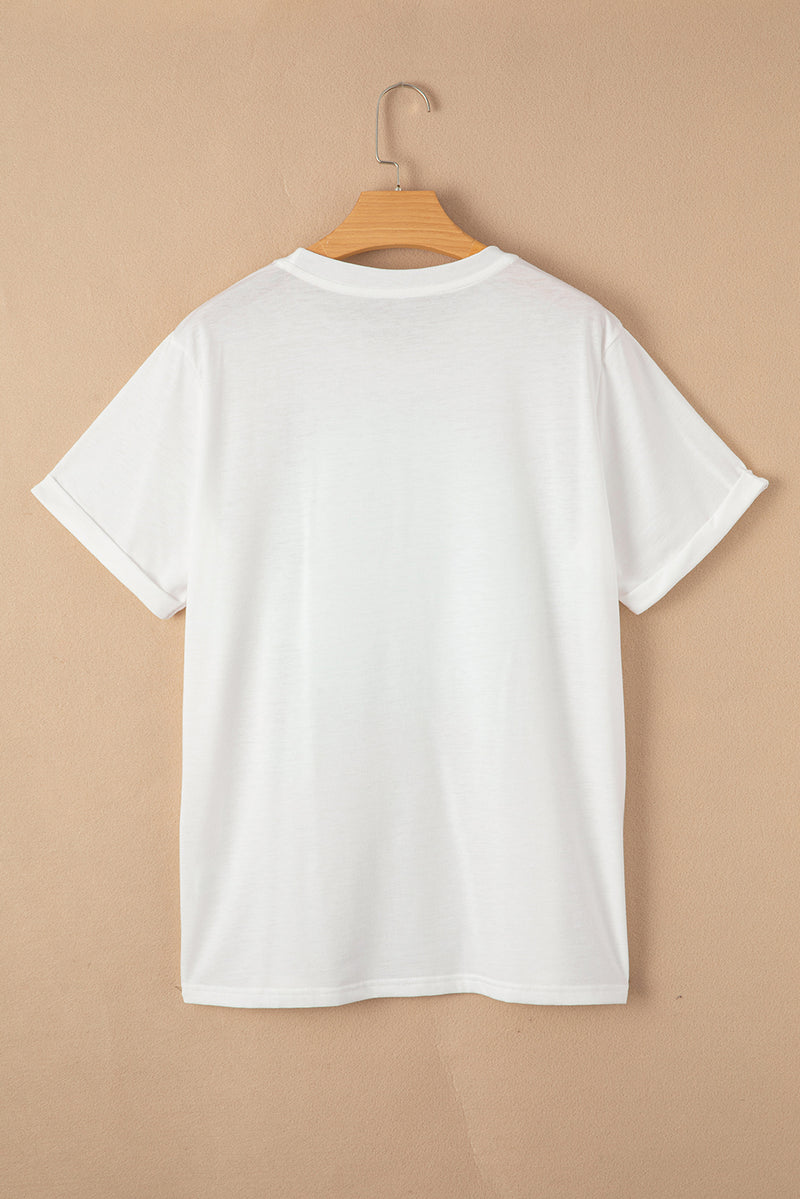 White Cotton Sequined Rugby Graphic T Shirt