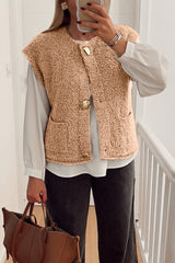 Light French Beige Big Button Accent Fuzzy Pocket Vest