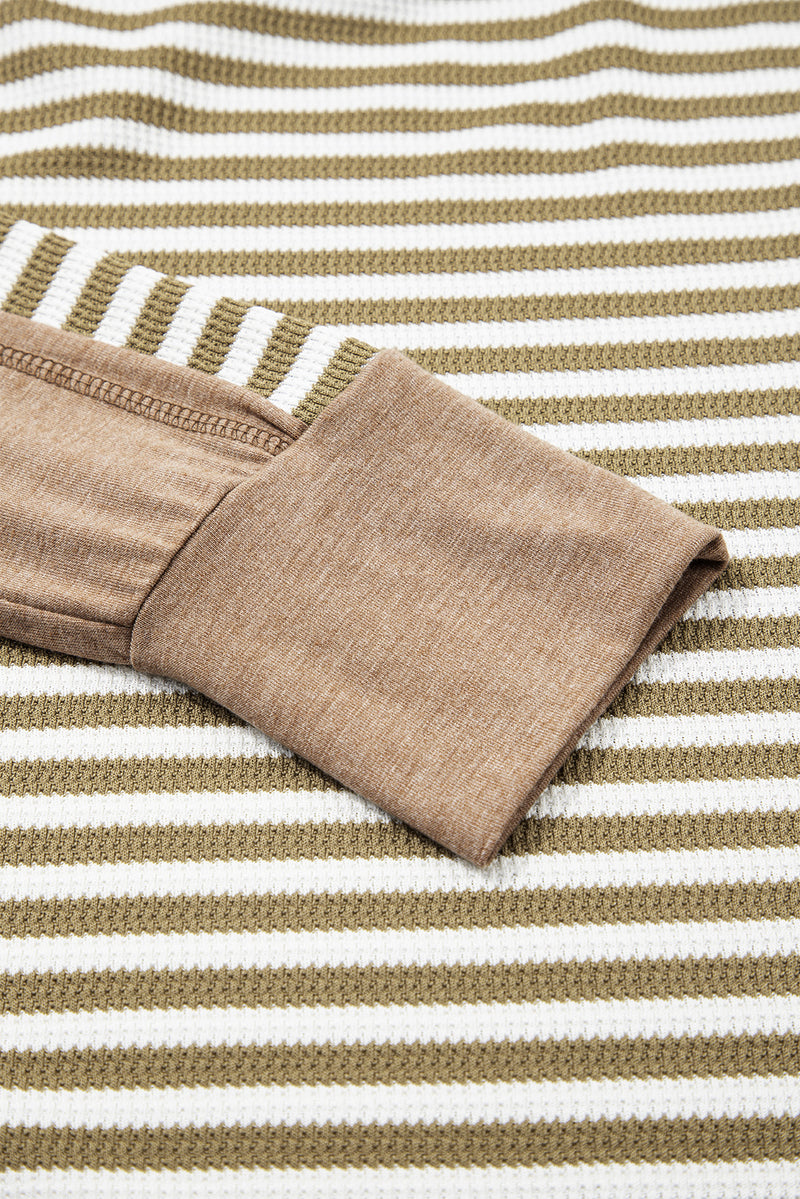 Khaki Stripe Patchwork Knit Drop Shoulder Top