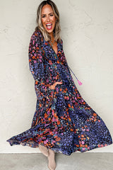Blue Floral Print Tassel Tie V Neck Long Sleeve Flowy Maxi Dress