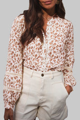 Khaki Printed Floral Print Lace Detail Puff Sleeve Fall Shirt