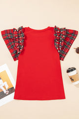 Racing Red Santa Claus Graphic Sequins Patch Plaid Pearl Sleeve Patchwork Top