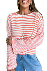 Pink Striped Textured Patchwork Drop Sleeve Top