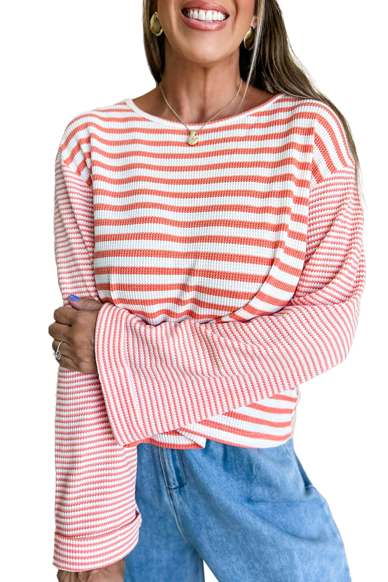 Pink Striped Textured Patchwork Drop Sleeve Top