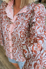 Floral Print Frilled Striped Trim Button Down Smocked Cuffs Long Sleeve Shirt