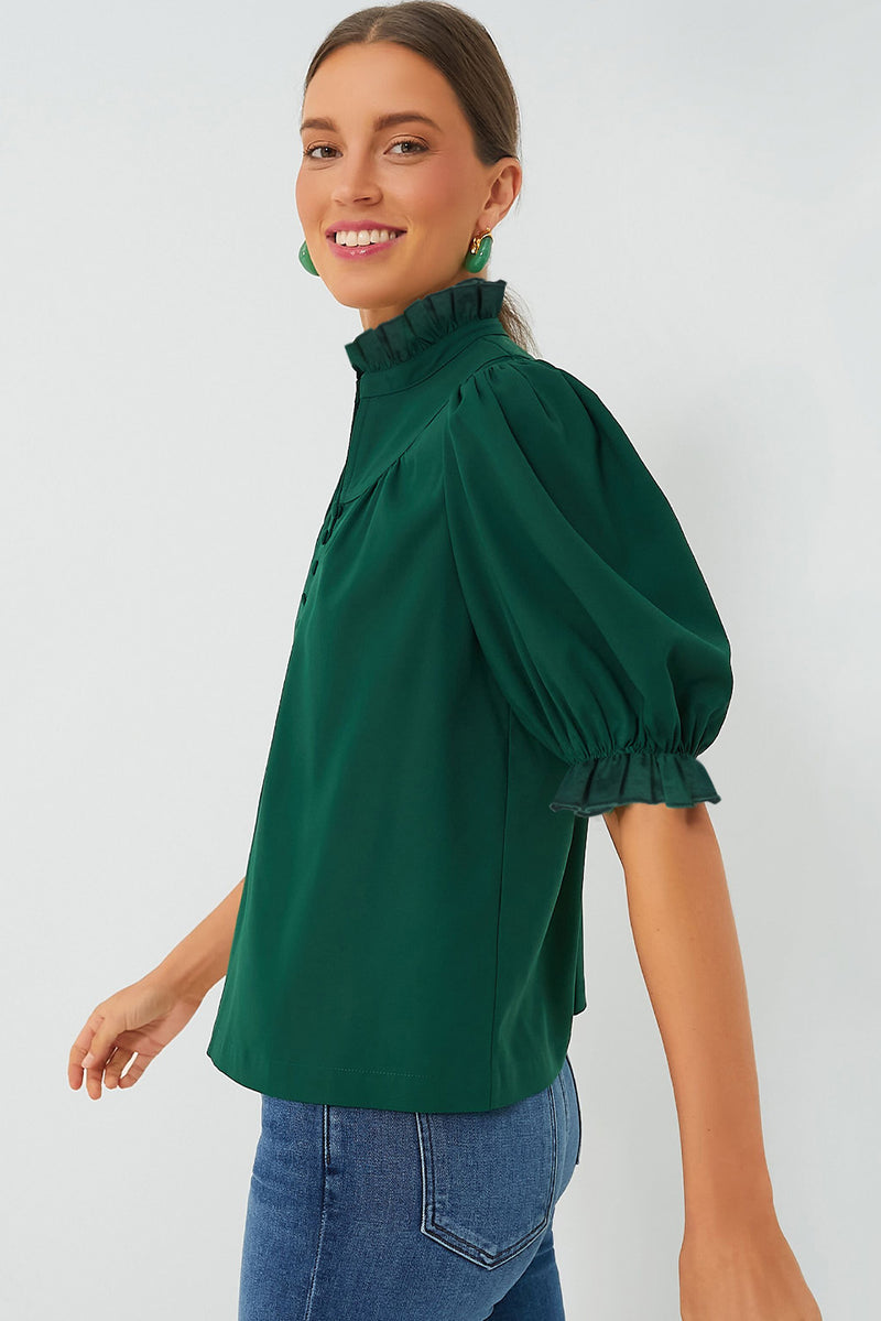Blackish Green Plain Puff Sleeve Frill Trim Blouse