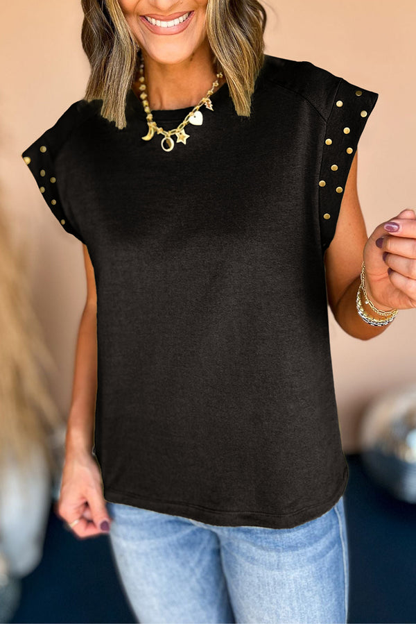 Black Casual Rivet Round Neck T Shirt