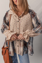 Mist Green Boho Floral Plaid Patchwork Waffle Knit Distressed Jacket