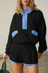 Black Colorblock Patchwork Half Button Pullover and Shorts Outfit