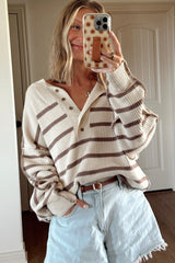 Brown Striped Exposed Seam Loose Henley Sweater