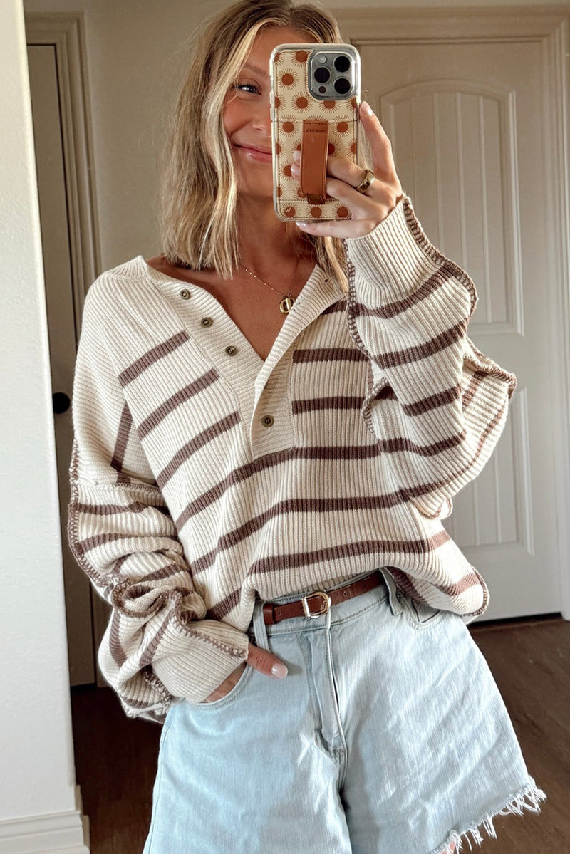 Brown Striped Exposed Seam Loose Henley Sweater