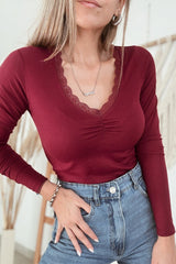 Red Dahlia Lace Sweetheart Neckline Long Sleeve Top
