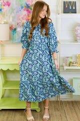 Brown Floral Printed Frilled V Neck Bracelet Sleeve Long Dress