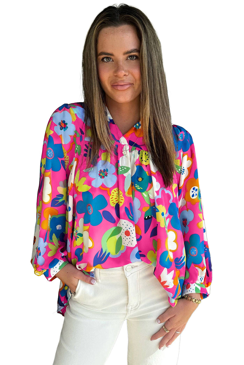Rose Flower Print Bomb V Neck Blouse