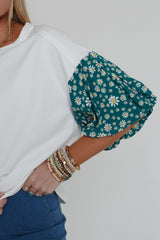 White Daisy Floral Patchwork Drop Sleeve Oversized Top