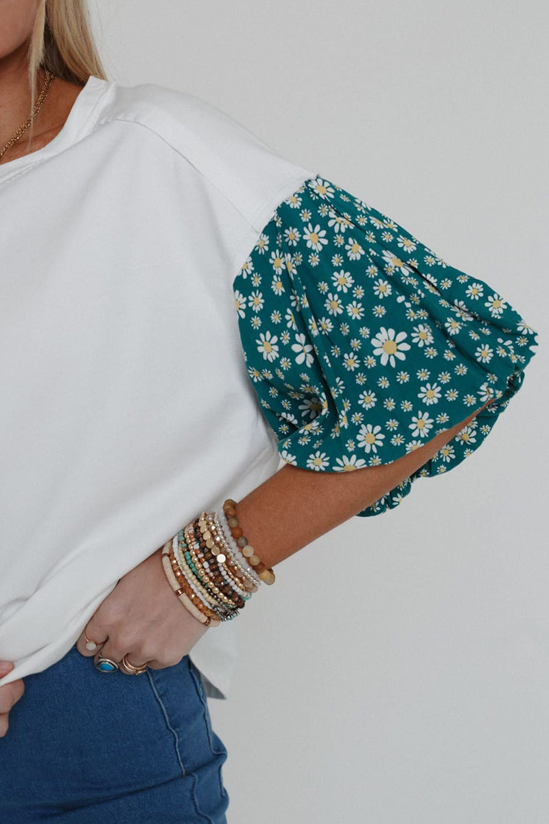 White Daisy Floral Patchwork Drop Sleeve Oversized Top