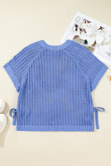 Black Plus Size Open Knit Bow Tie Short Sleeve Sweater