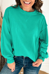 Beige Plain Exposed Seam Round Neck Pullover Sweatshirt
