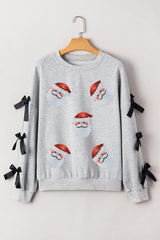 Light Grey Santa Claus Sequins Patch Ribbon Bow Detail Split Sleeve Baggy Sweatshirt