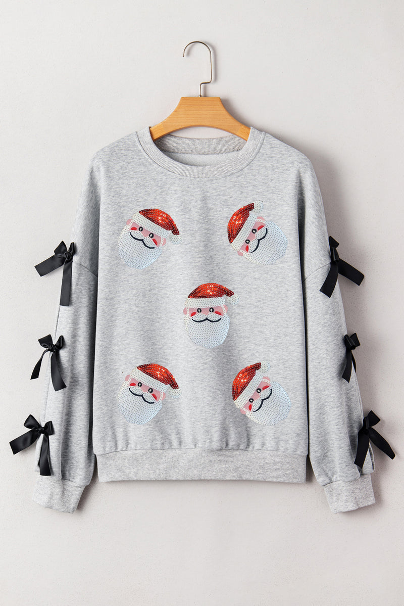 Light Grey Santa Claus Sequins Patch Ribbon Bow Detail Split Sleeve Baggy Sweatshirt