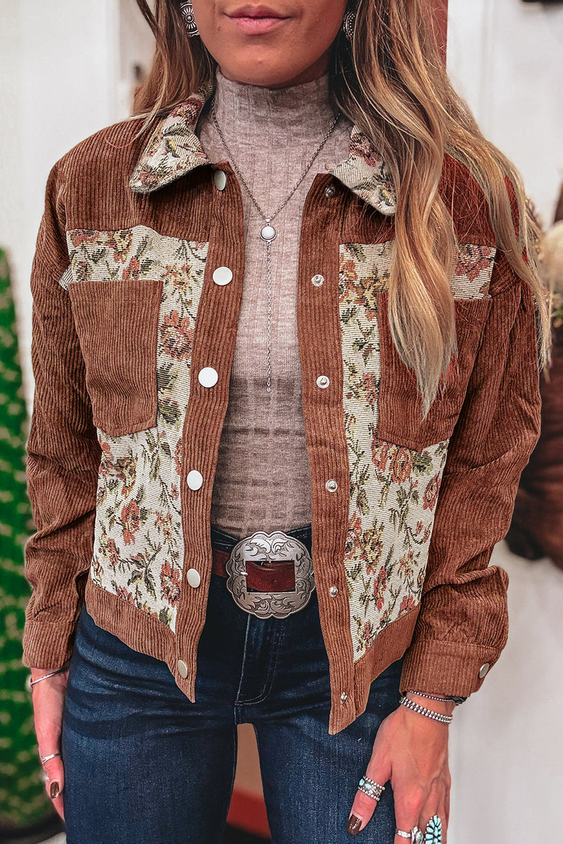 Sage Green Ribbed Retro Floral Patchwork Jacket