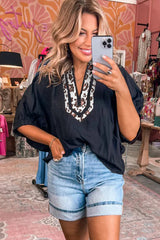 Rose Red Dolman Half Sleeve Leopard Patchwork Trim V Neck Blouse