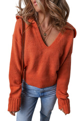 Flamingo Ribbed Edge Collared V Neck Loose Fit Sweater