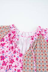 Pink Boho Mixed Floral Patchwork Drop Shoulder Bubble Sleeve Blouse