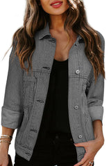 Sky Blue Stripe Washed Oversized Pocketed Denim Jacket