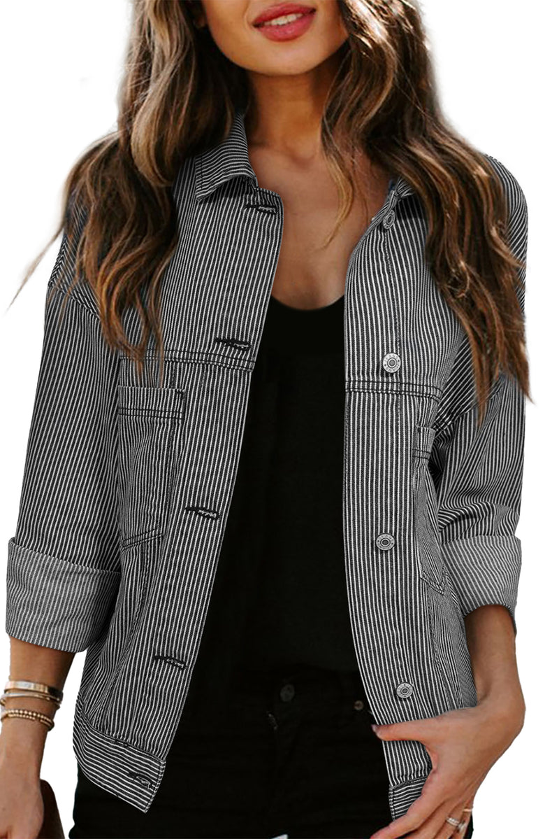 Sky Blue Stripe Washed Oversized Pocketed Denim Jacket