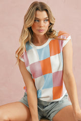 Fiery Red Checkered Color Block Cap Sleeve Knitted Top