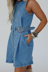 Myosotis Western Belt Detail Button Down Sleeveless Denim Short Dress