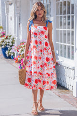 Yellow Floral Print Contrast Stitched Knot Denim Straps High Waist Dress