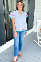 Wholesale Sky Blue Striped Ricrac Splicing Frill V-Neck Blouse