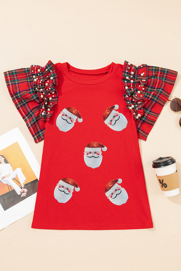 Racing Red Santa Claus Graphic Sequins Patch Plaid Pearl Sleeve Patchwork Top