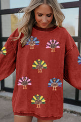 Orange Turkey Graphic Sequins Patch Corded Baggy Sweatshirt