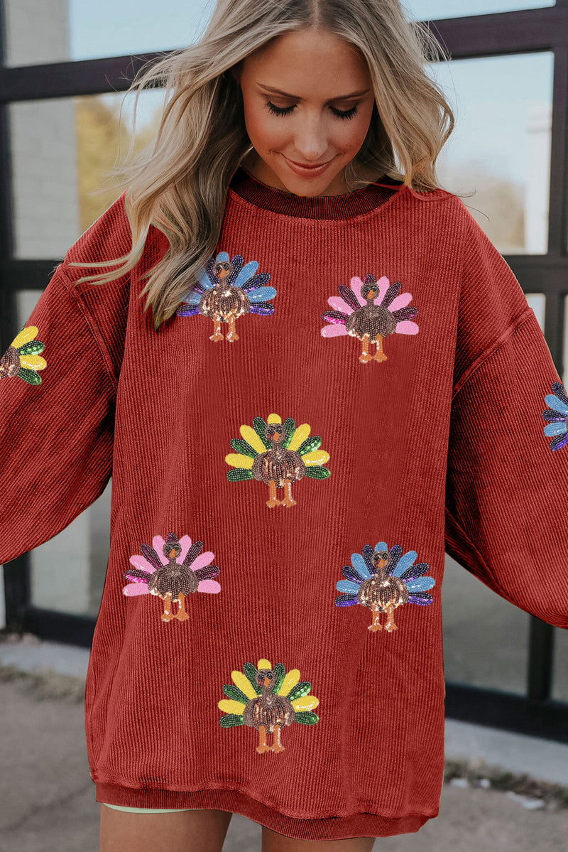 Orange Turkey Graphic Sequins Patch Corded Baggy Sweatshirt