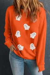 Black Sequin Halloween Ghost Patched Drop Shoulder Sweatshirt