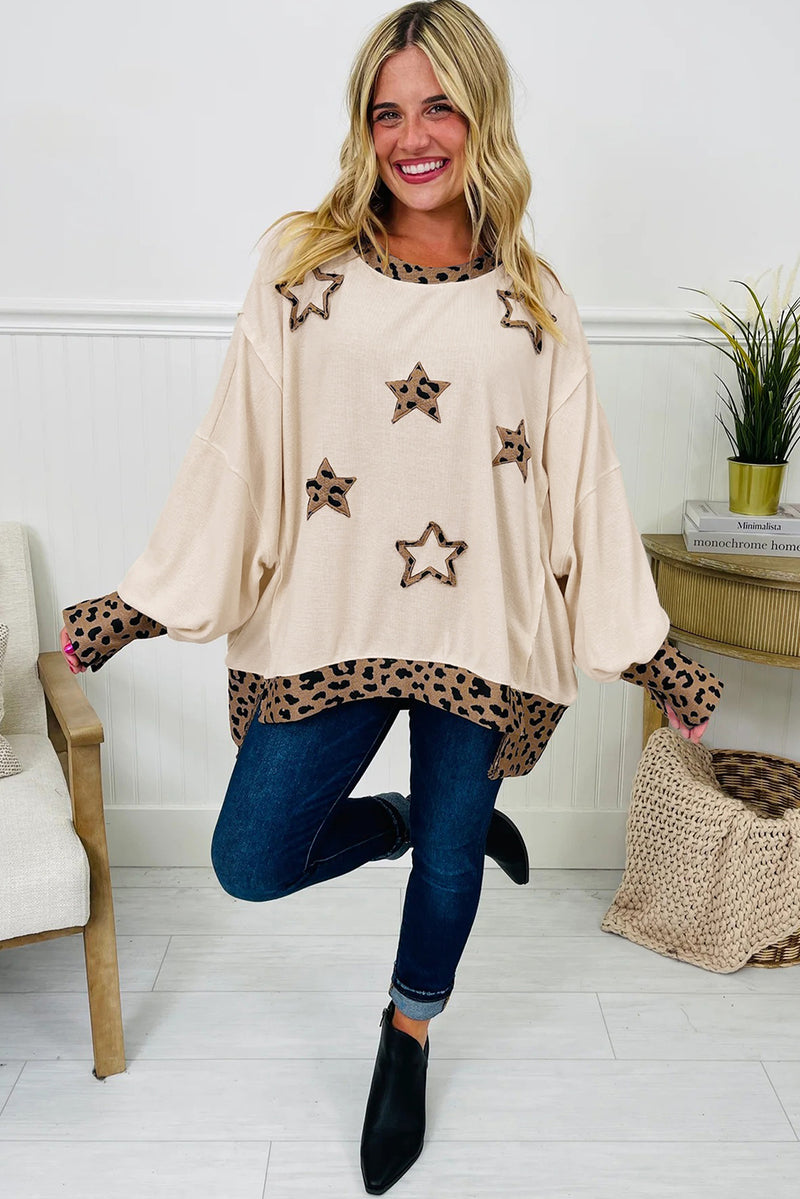 Beige Stars Pattern Leopard Patchwork Round Neck Sweatshirt